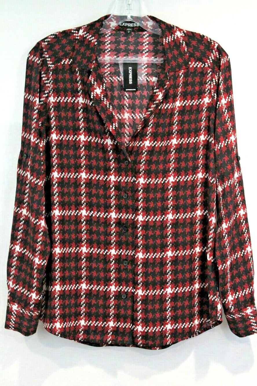Express Red Houndstooth Plaid Top Womens size S Collar Button-Up Roll Sleeve